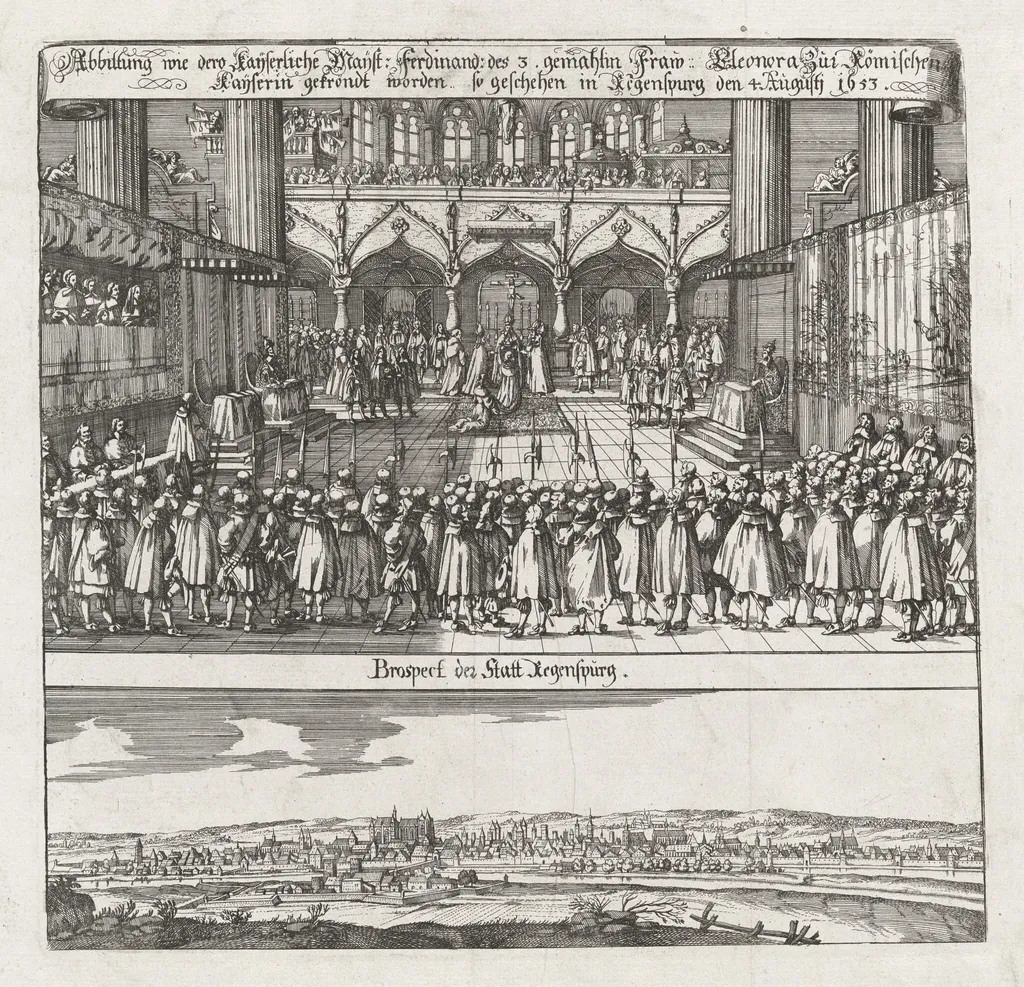 Krönung von Eleonora von Gonzaga, Gemahlin Kaiser Ferdinands III., zur Römisch-Deutschen Kaiserin ; Ansicht von Regensburg (Coronation of Eleonora von Gonzaga, wife of Emperor Ferdinand II, as Empress, with a View of Regensburg), by German 17th Century, ink, 1663