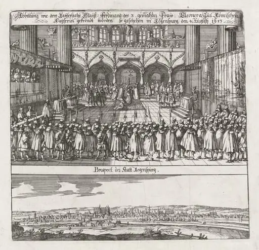 Krönung von Eleonora von Gonzaga, Gemahlin Kaiser Ferdinands III., zur Römisch-Deutschen Kaiserin ; Ansicht von Regensburg (Coronation of Eleonora von Gonzaga, wife of Emperor Ferdinand II, as Empress, with a View of Regensburg), by German 17th Century