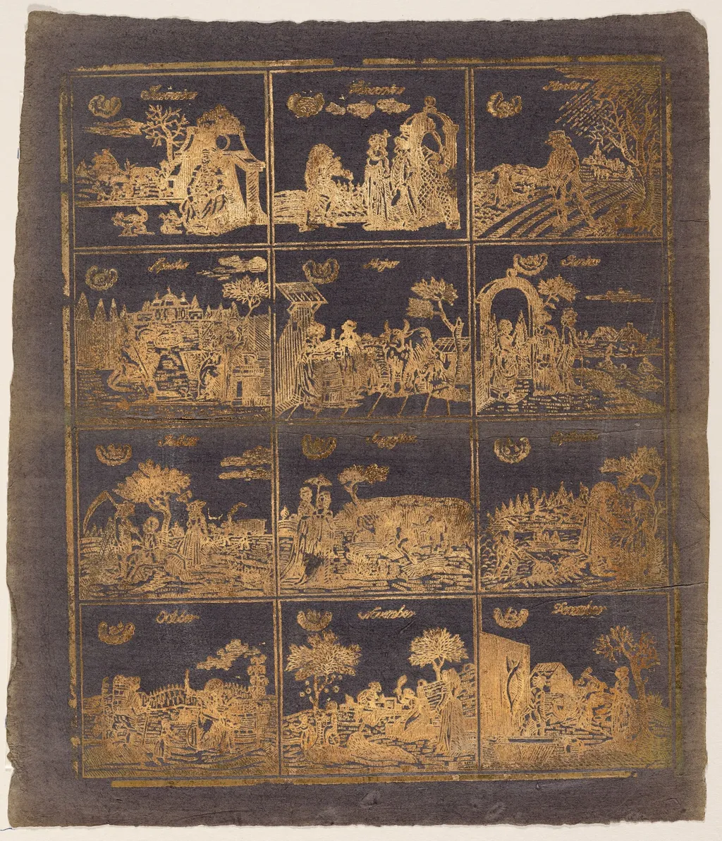Endpaper with the Twelve Months, by German 18th Century, ink, 1750