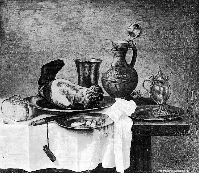 Still life with ham and utensils, by Gerret Willemsz Heda, paint, 1645