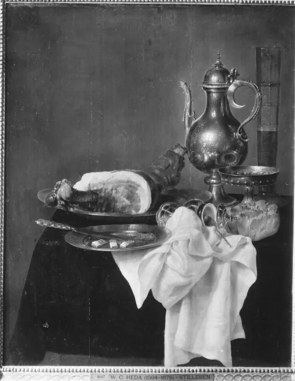 Still life with silver decanter and ham, by Gerret Willemsz Heda