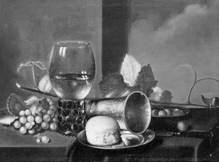 Stone Table with Glass, Cake and Fruit, by Gerret Willemsz Heda