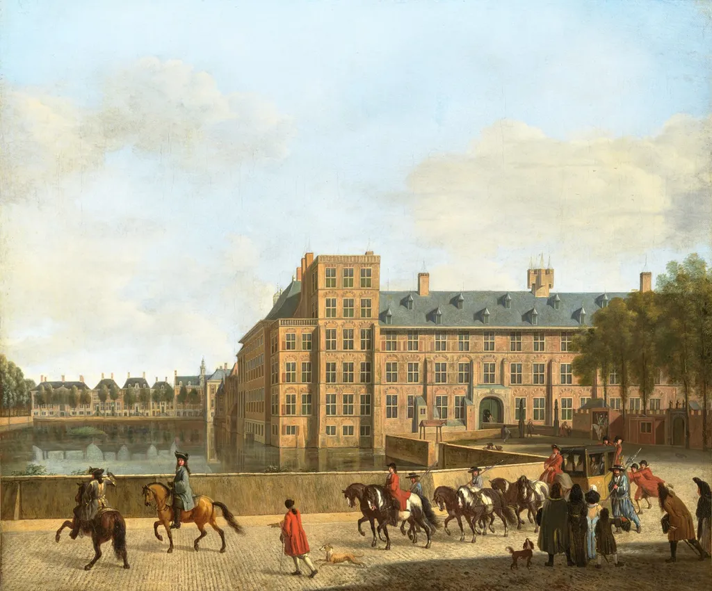 A hunting party near the Hofvijver and Binnenhof in The Hague, seen from the South, by Gerrit Adriaenszoon Berckheyde, oil, 1696