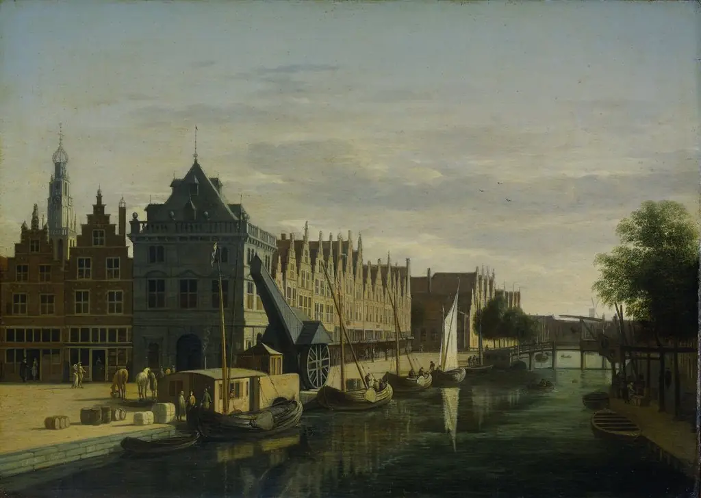 The Waag (weigh-house) and Crane on the Spaarne, Haarlem, by Gerrit Adriaenszoon Berckheyde