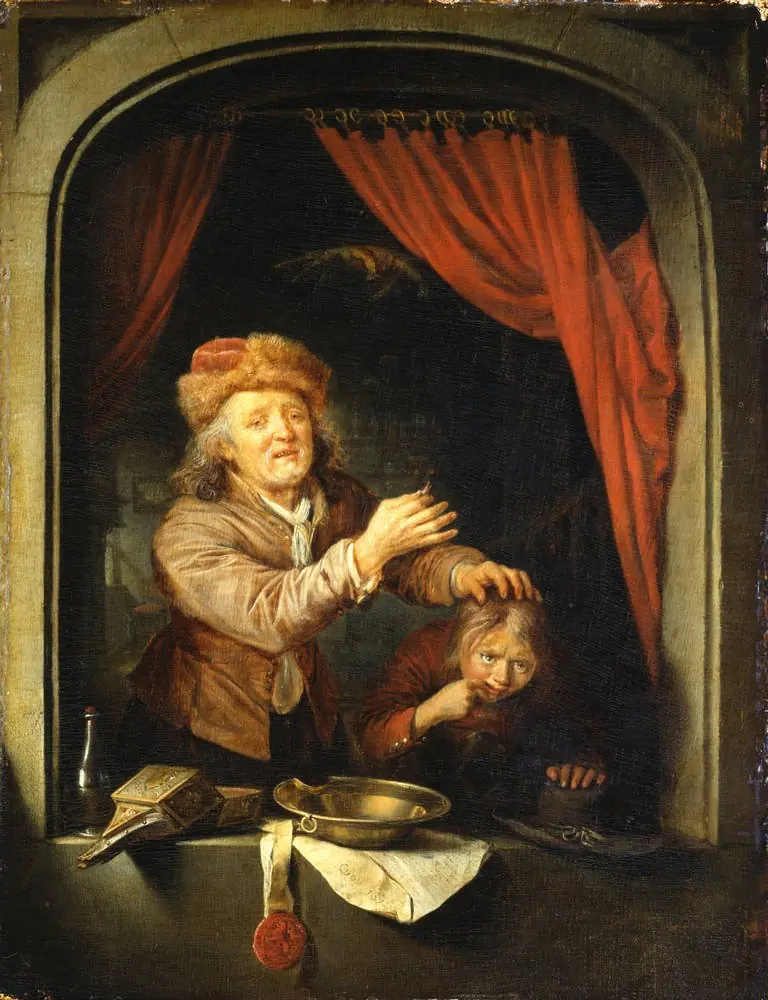 A tooth-drawer holding up a tooth after extracting it from a patient, by Gerrit Dou