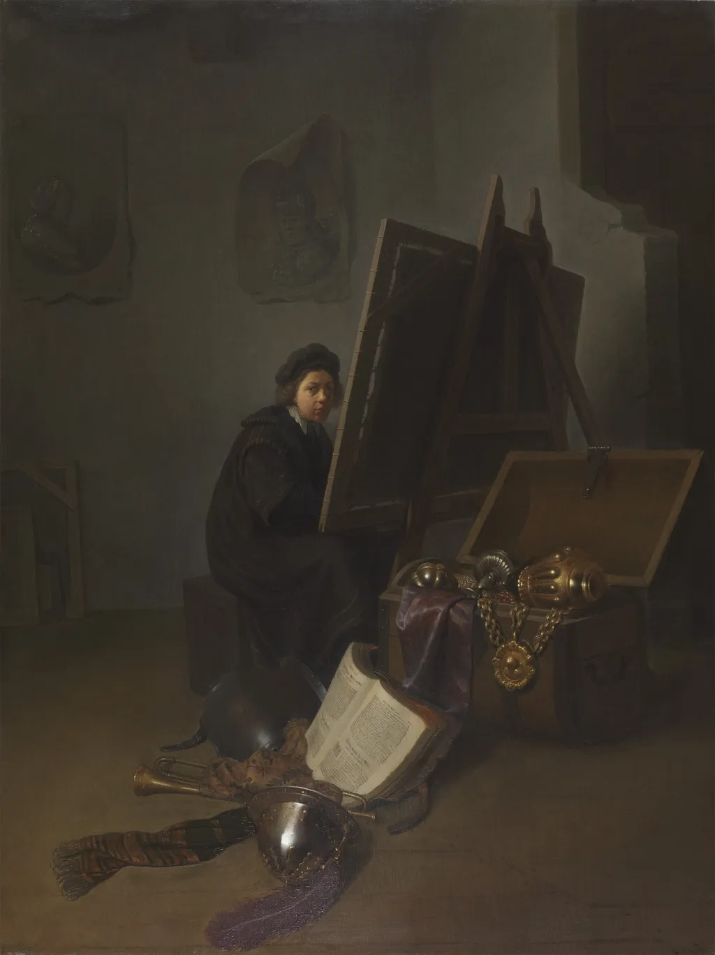 An Artist in his Studio (Self-portrait?), by Gerrit Dou, oil, 1629