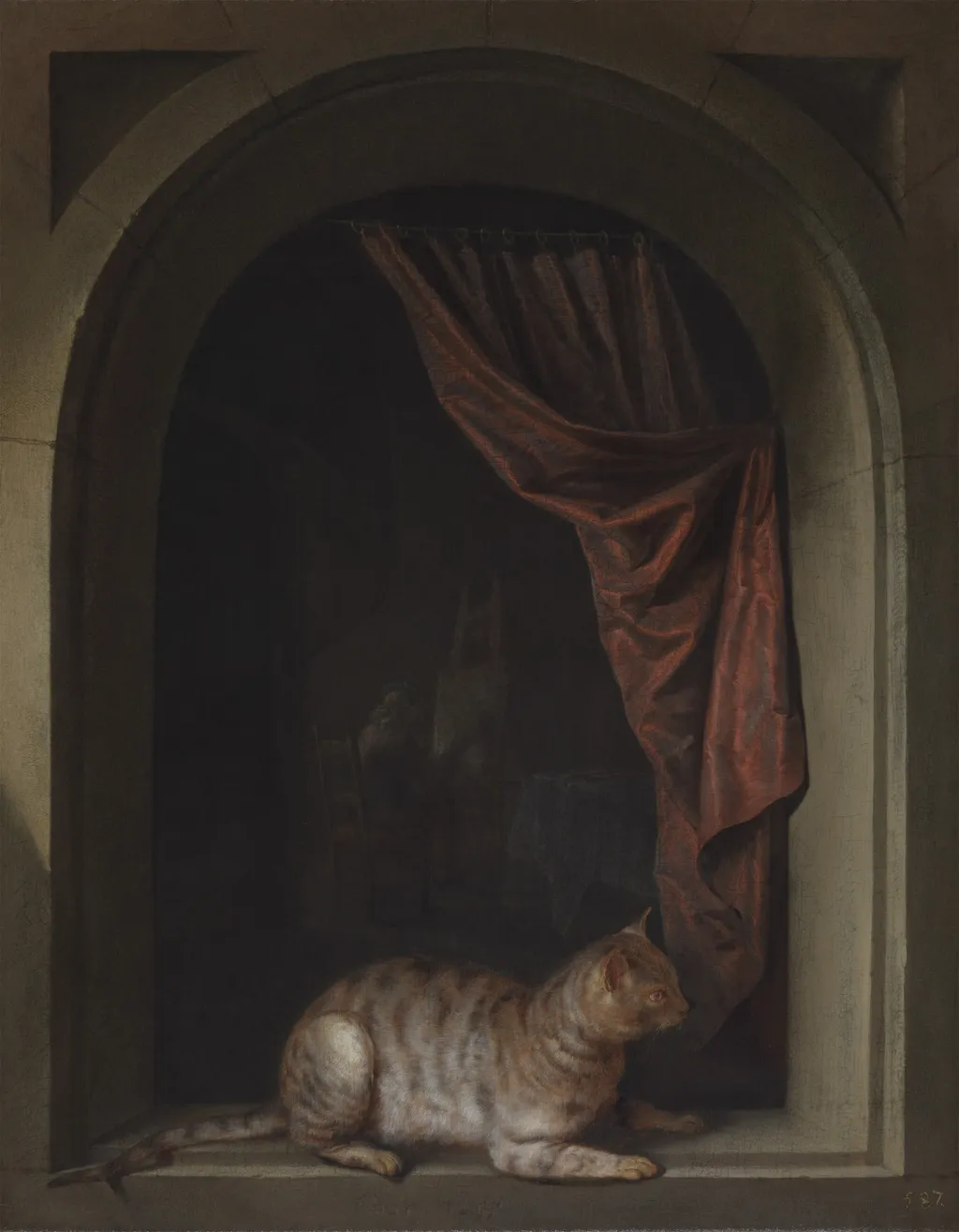 Cat on a Ledge, by Gerrit Dou, oil, 1657