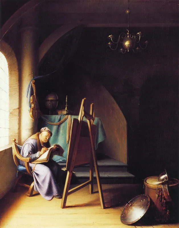 Man writing by an easel, by Gerrit Dou, oil, 1630