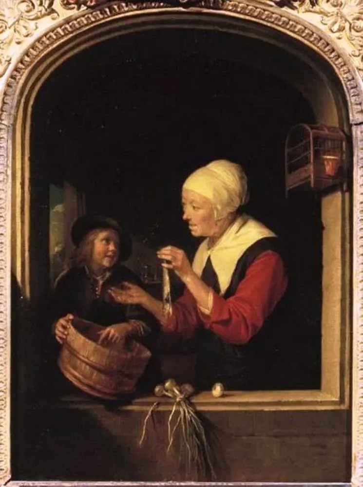 Market Woman with a Boy and Herring in a Window, by Gerrit Dou