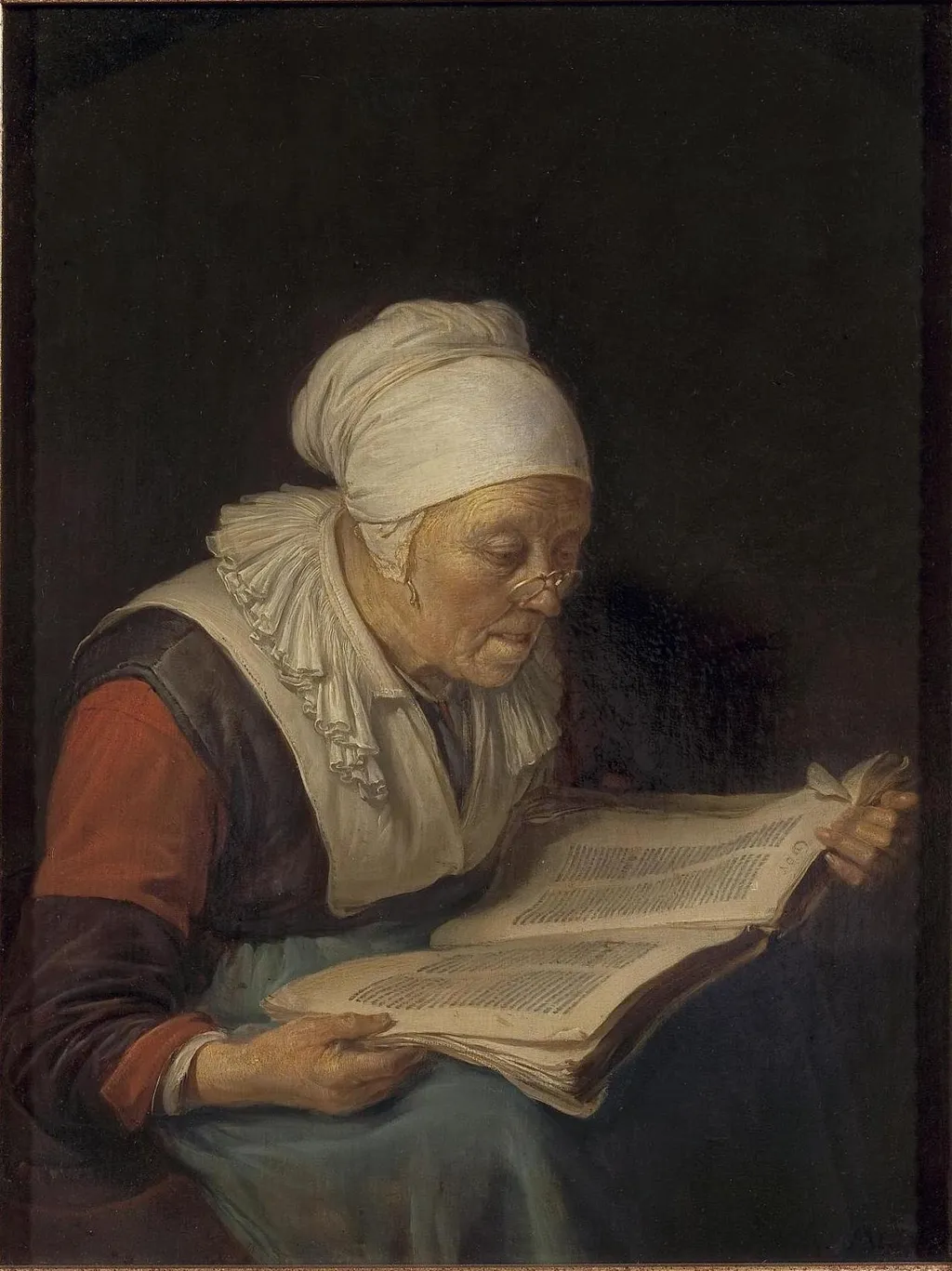Old Woman Reading a Book, by Gerrit Dou, oil, 1665