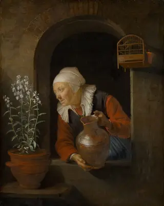 Old Woman Watering Flowers, by Gerrit Dou, 1660