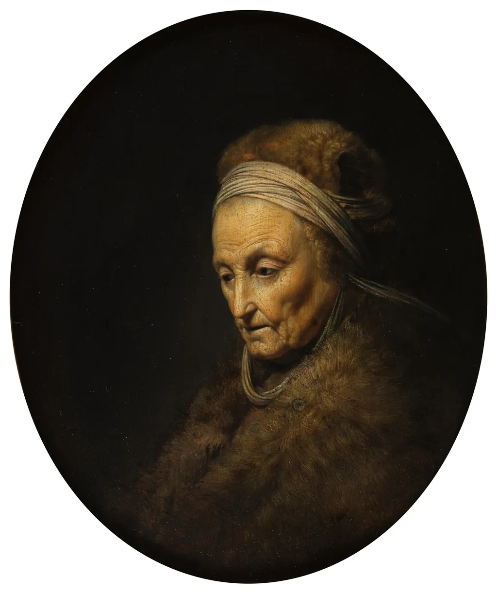 Old Woman with Fur Cap, by Gerrit Dou, oil, 1630