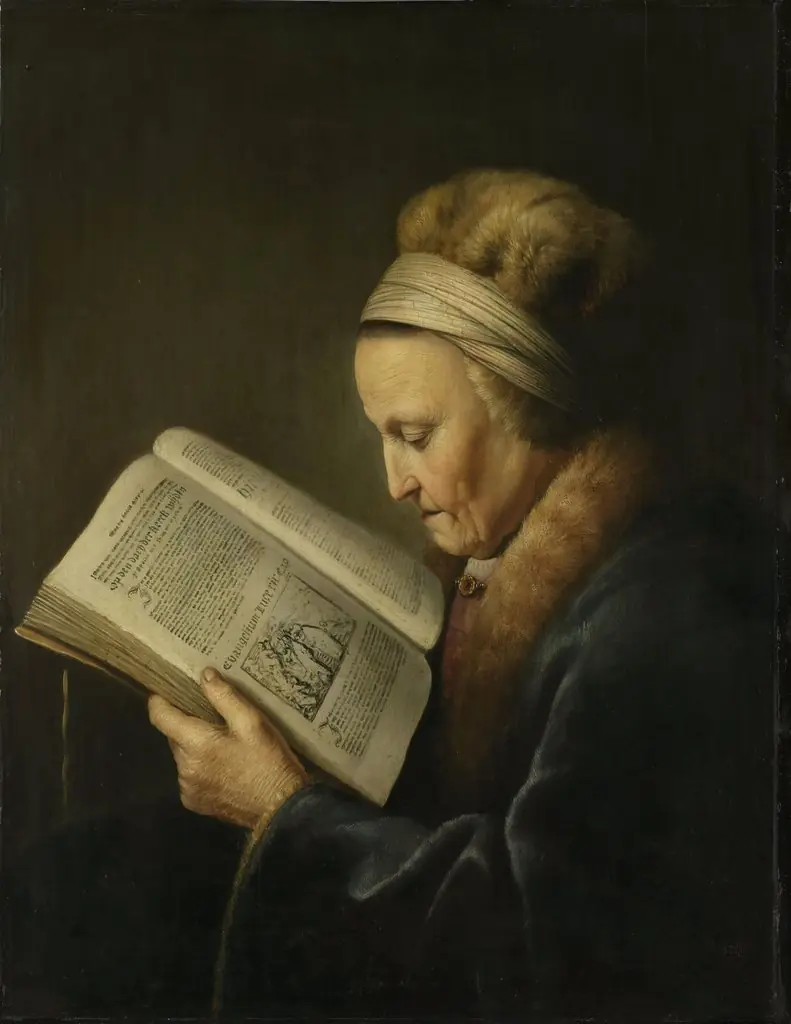 Portrait of an old woman reading, by Gerrit Dou