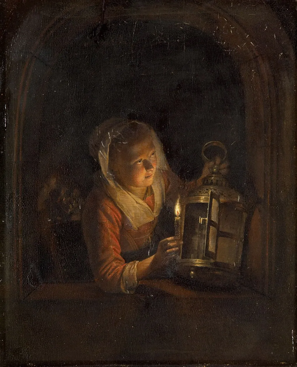 Young Woman with a Lantern in a Window, by Gerrit Dou, oil, 1660