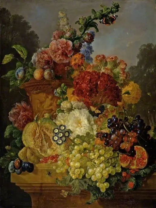 Flowers in an urn, with fruit, by Gerrit Johan van Leeuwen