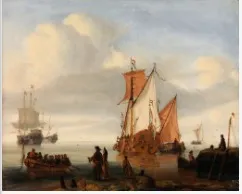 A Dutch Yacht with Fishing Boats off a Jetty, by Gerrit Pompe, oil, 1696