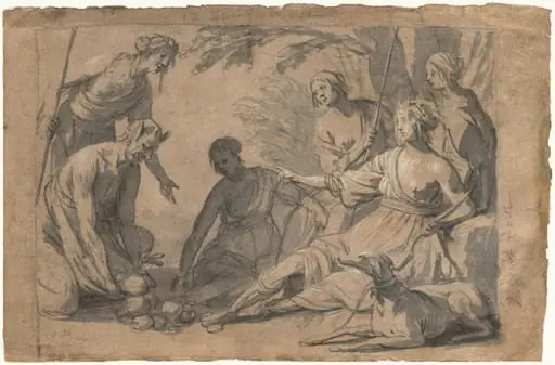 Diana and Four Nymphs Receiving Gifts from a Satyr, by Gerrit van Honthorst