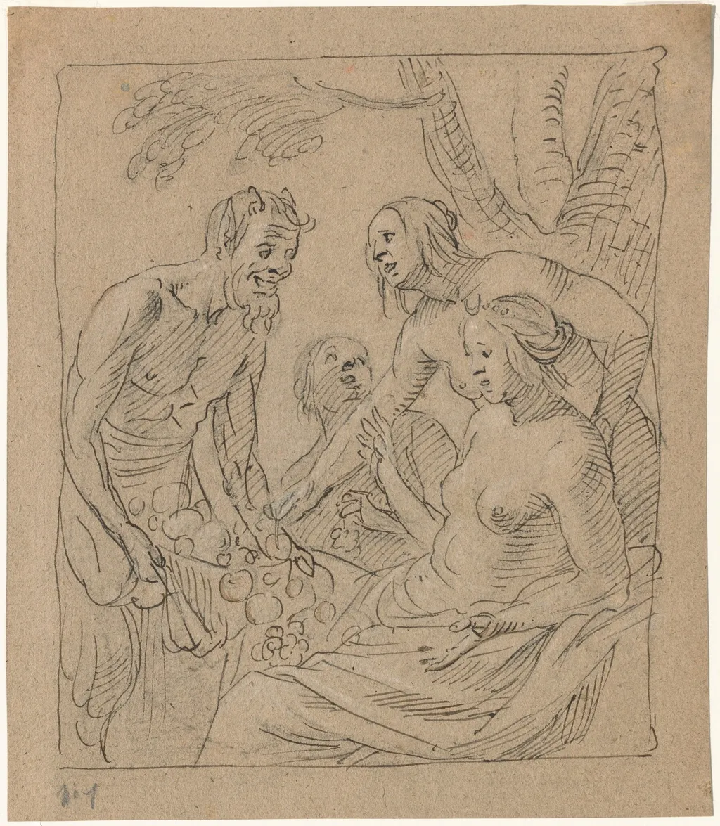 Diana and Two Nymphs Receiving Gifts from a Satyr (recto), by Gerrit van Honthorst, chalk, 1624