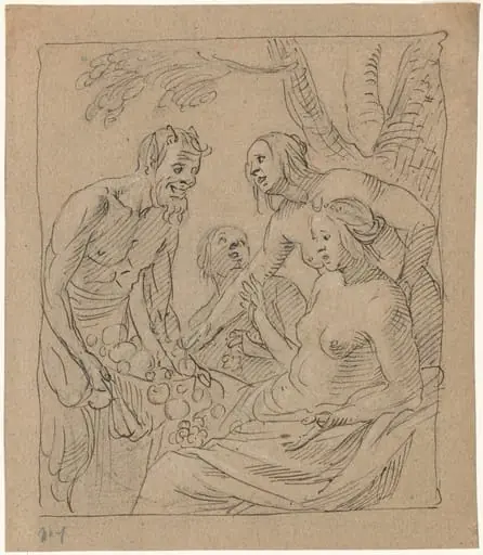 Diana and Two Nymphs Receiving Gifts from a Satyr (recto), by Gerrit van Honthorst