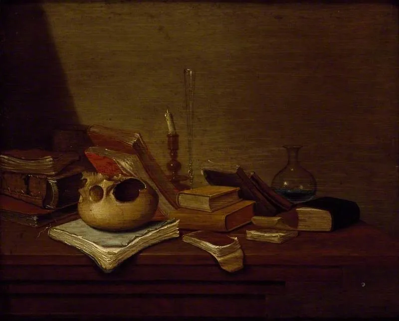 Still life with skull, books, candle and a flask, by Gerrit van Vucht, oil, 1660