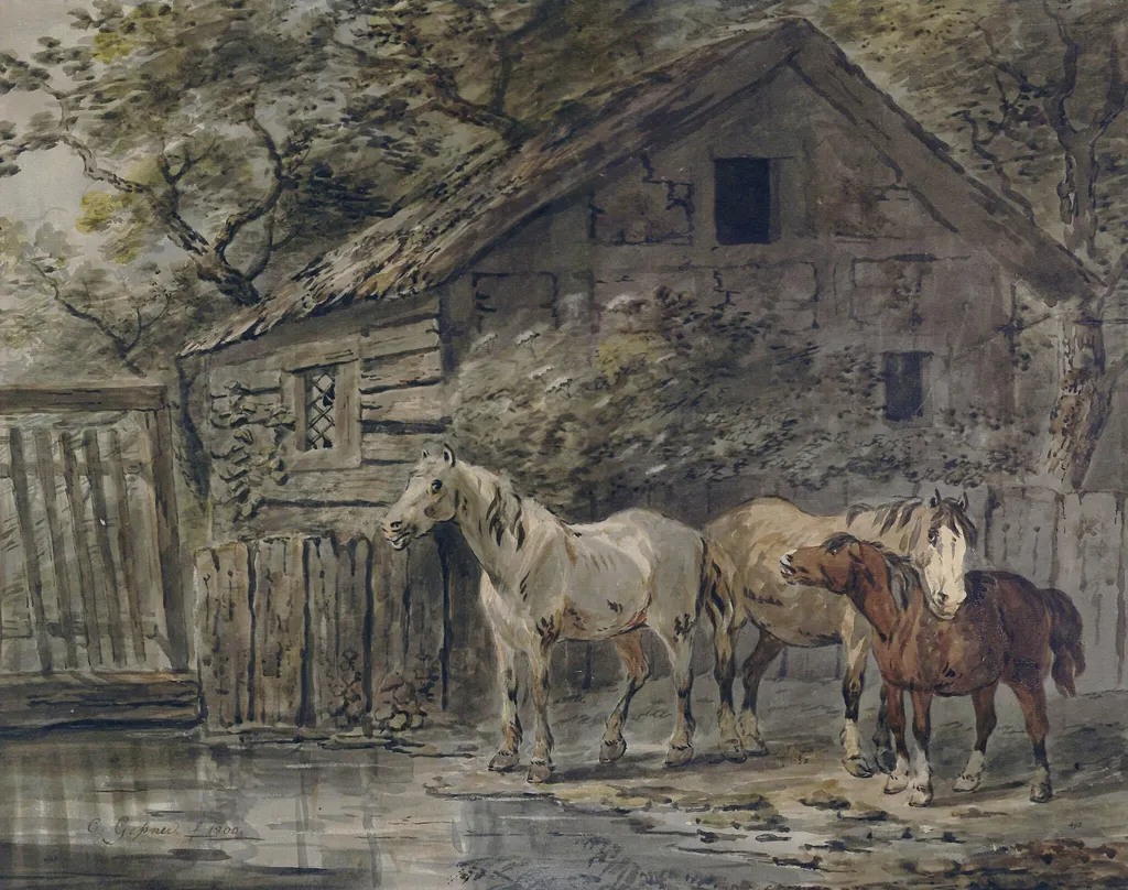 Horses at a Pool, by Gessner, watercolor