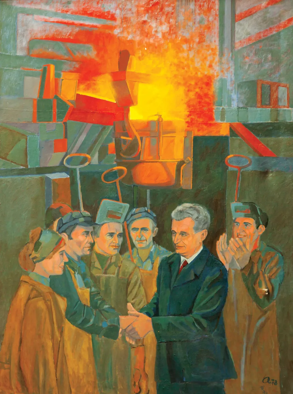 Tablou, ulei pe pânză, ”Întâlnire cu siderurgiștii”, semnat ”A„ și datat 1978 în partea dreaptă jos, atribuit lui Gh. Andrei. Nicolae Ceaușescu într-o uzină dând mâna călduros cu oamenii muncii din siderurgie, pe fundal un furnal aprins. Oferit de Consiliul Central al Sindicatelor, 23 ianuarie 1978., by Gh. Andrei