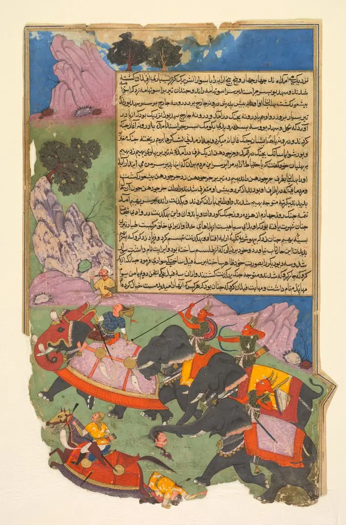 Ghatotkacha and three demons in his company chase Bhagadatta, from Bhishma-parva (volume six) of a Razm-nama (Book of Wars) adapted from the Sanskrit Mahabharata and translated into Persian by Mir Ghiyath al-Din Ali Qazvini, known as Naqib Khan (Pers