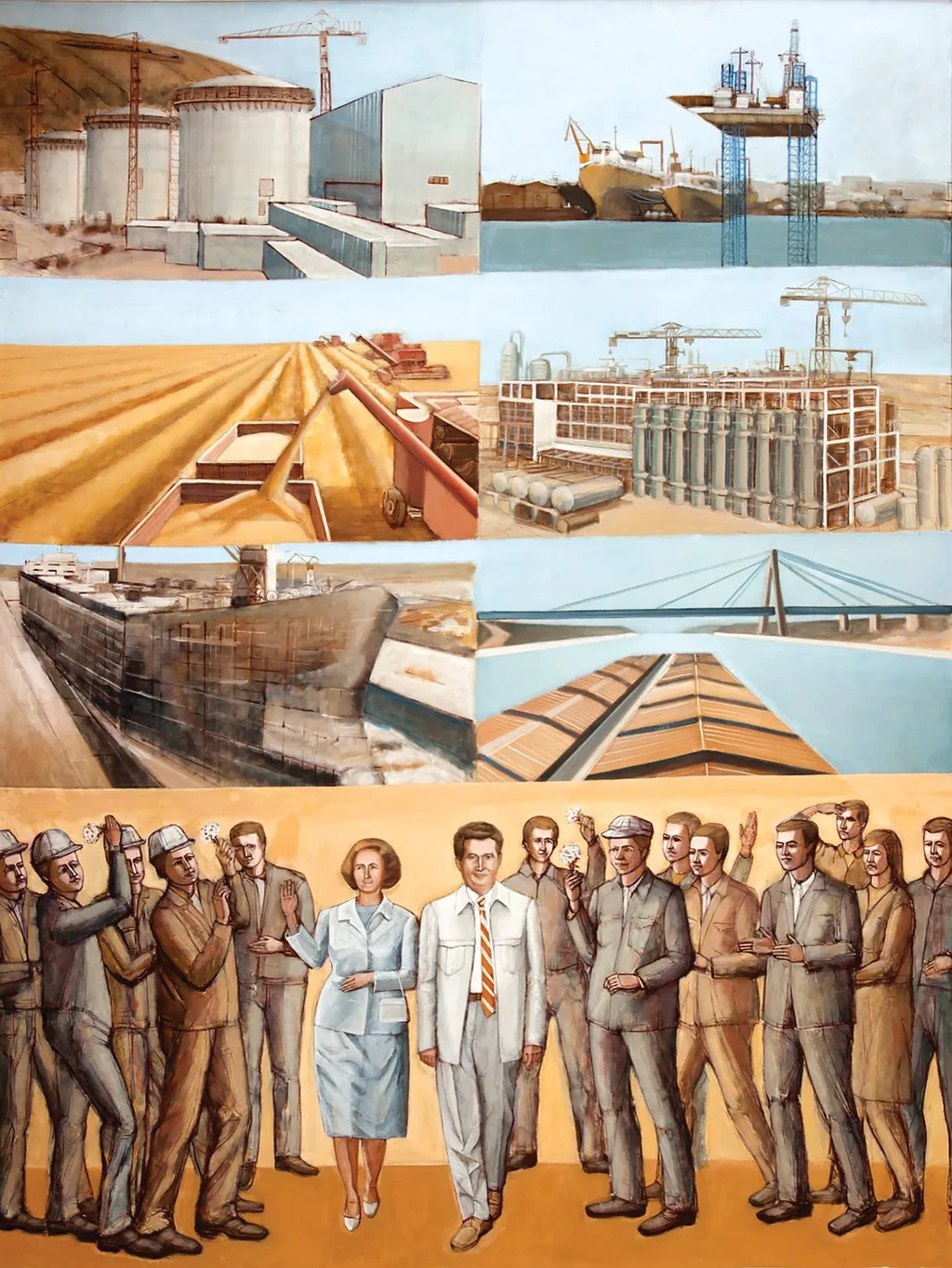 Tablou „Recunoștință”, ulei/pânză, atribuit lui Gheorghe Caruțiu. Tabloul îi prezintă în planul de jos pe soții Ceaușescu în mijlocul muncitorilor extaziați. În planul de sus, reprezentate în șase tablouri, sunt realizările industriale și agricole ale ”Epocii de Aur”. Comandat de Comitetul Județean Constanța (1988)., by Gheorghe Caruțiu