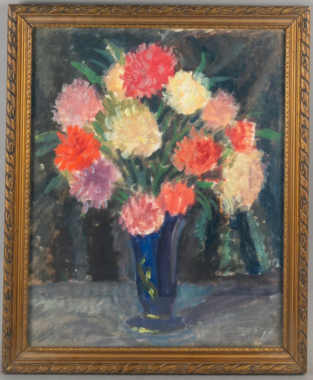 Pictură în ulei pe pânză, reprezentând un vas mare cu flori galbene, roșii, mov, semnat de pcitorul Gheorghe Ceglokoff (1904-1964, pictor și grafician, născut la Chișinău, închis pentru simpatii comunite) realizat în lagărul din Târgu Jiu, 1941, dăruită lui Liță Anghel, by Gheorghe Ceglokoff, unspecified, 1941