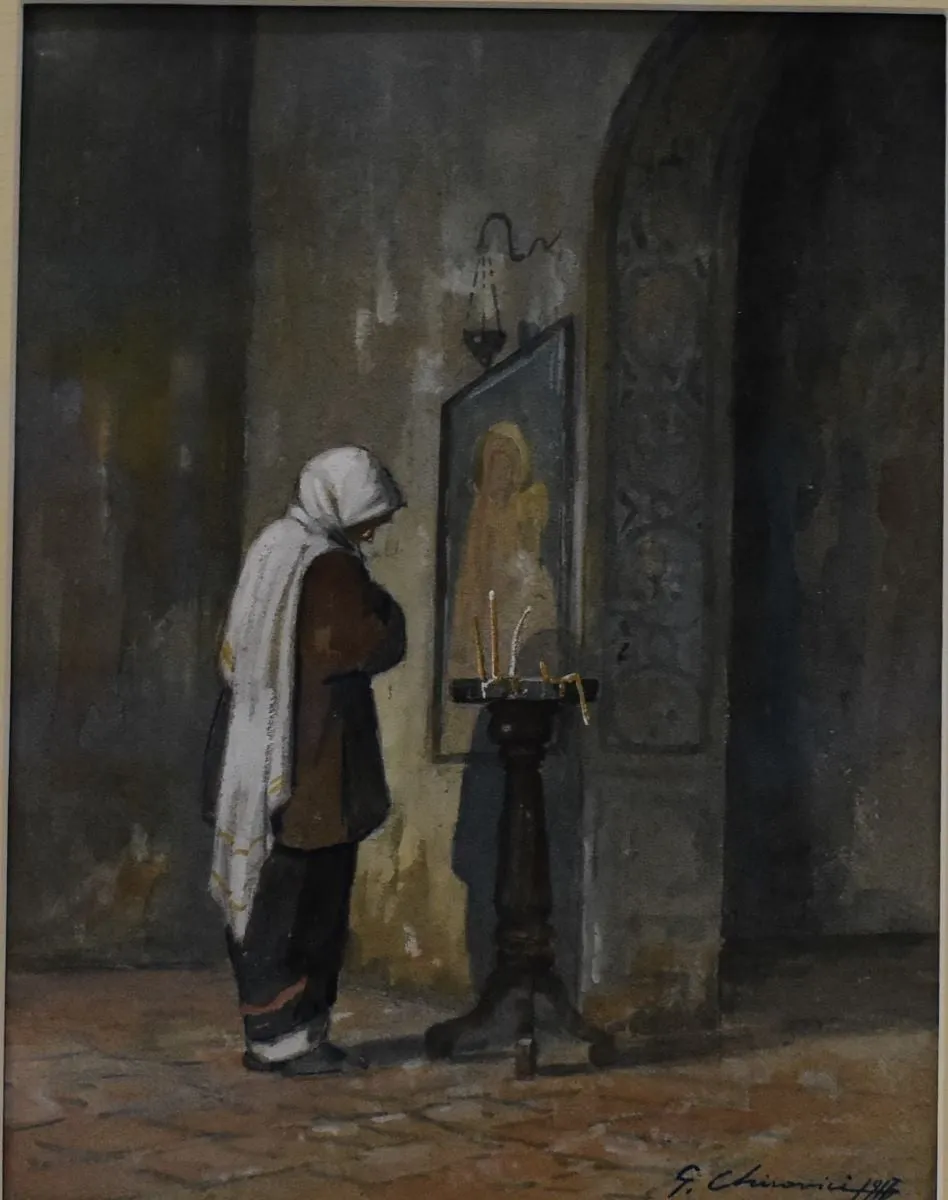 Țărancă în biserică, by Gheorghe Chirovici, unspecified, 1917