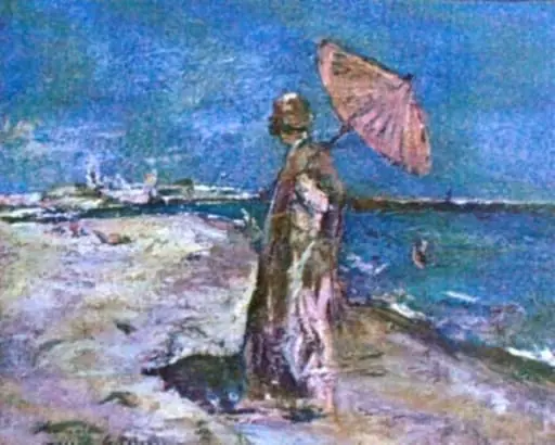 Femeie în roz pe malul mării, by Gheorghe Petrașcu