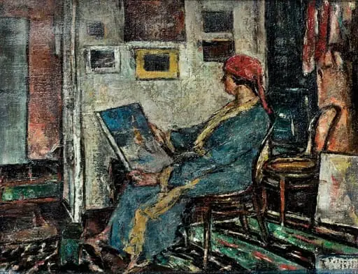 Interior cu femeie privind un tablou (Lucreția Petrașcu)