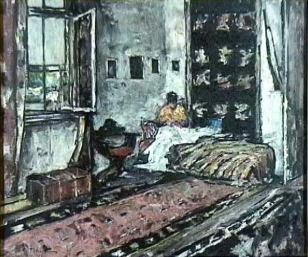 Interior cu o femeie cosând, by Gheorghe Petrașcu, unspecified, 1927