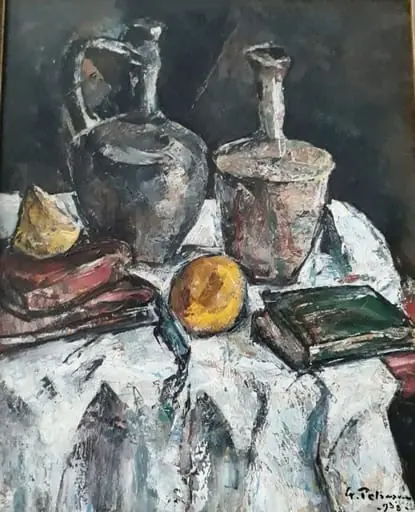 Natură moartă cu cărți și ulcioare, by Gheorghe Petrașcu