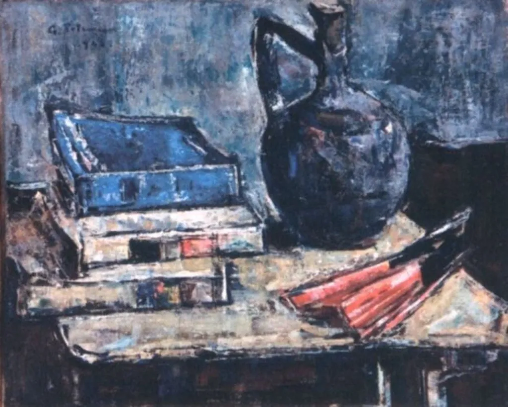 Natură statică cu cărți și vas, by Gheorghe Petrașcu, unspecified, 1940