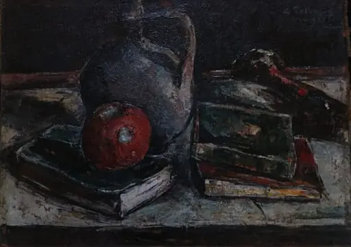 Natură statică cu măr, pistol și cărți, by Gheorghe Petrașcu