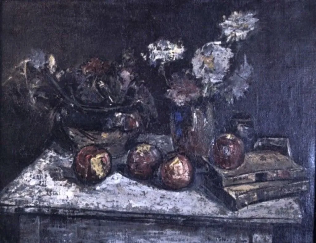 Natură statică cu mere, flori și cărți, by Gheorghe Petrașcu, unspecified, 1923