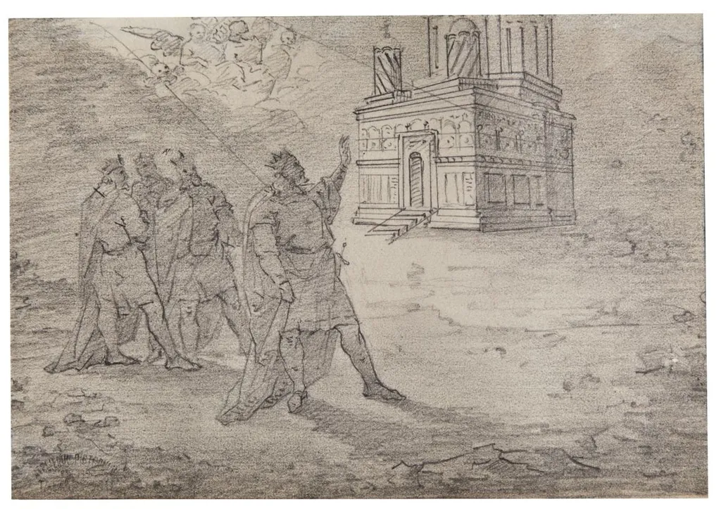Neagoe Basarab în fața mânăstirii Curtea de Argeș, by Gheorghe Tattarescu, 1867
