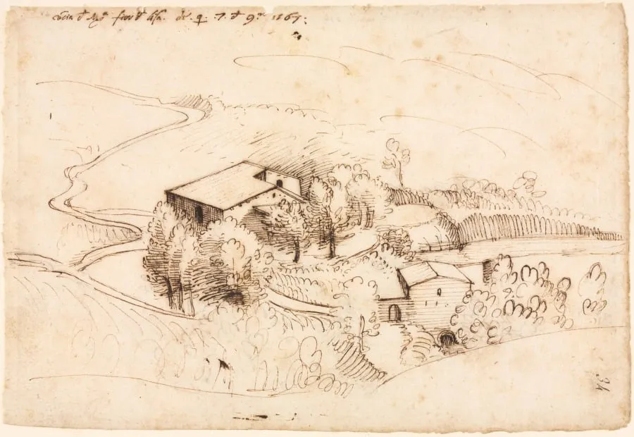 Farm with Trees in a Hilly Landscape, by Gherardo Cibo, 1567