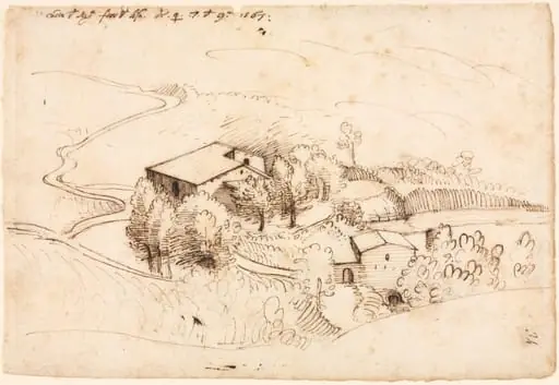 Farm with Trees in a Hilly Landscape, by Gherardo Cibo