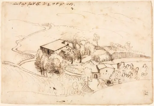 Farm with Trees in a Hilly Landscape (recto), by Gherardo Cibo