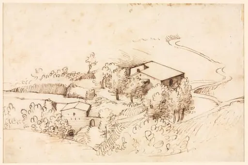 Farm with Trees in a Hilly Landscape (verso), by Gherardo Cibo