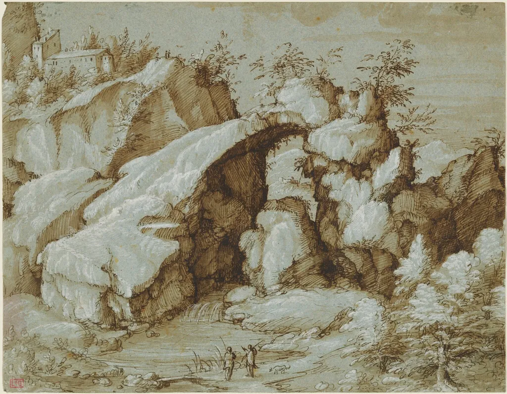 Rocky Landscape with a Natural Arch, by Gherardo Cibo, ink, 1575
