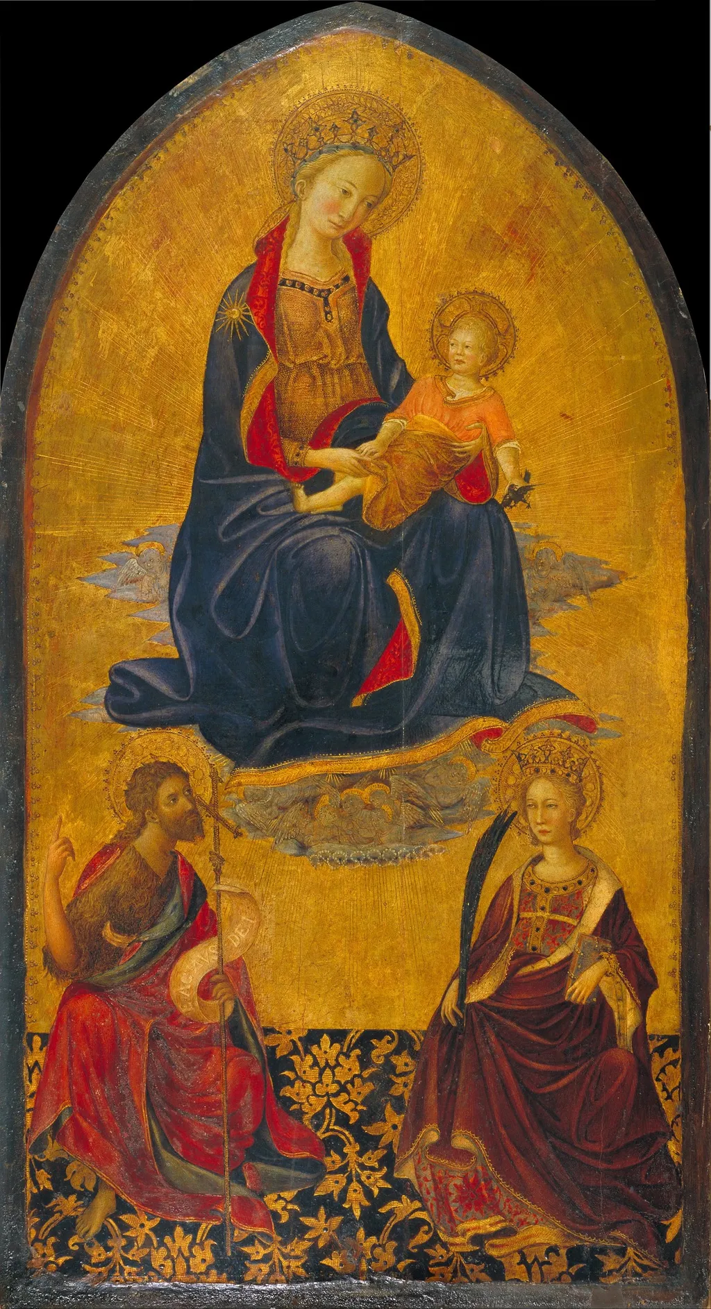 Adoration of the Virgin and Child by Saint John the Baptist and Saint Catherine, by Gherardo Starnina, tempera, 1400