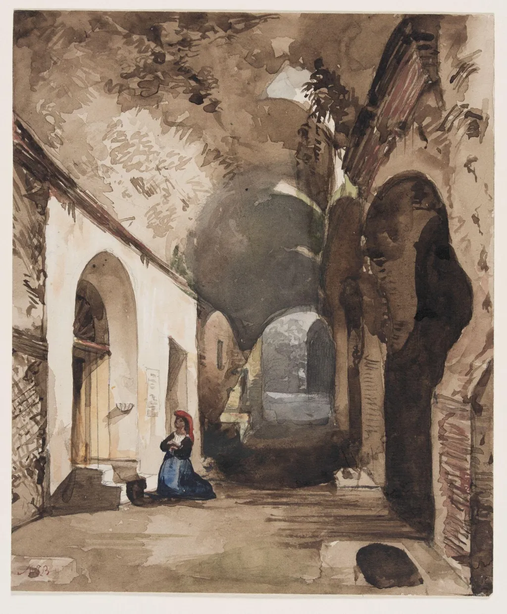 Woman praying in a vaulted shrine in the amphitheatre of Pozzuoli (Naples), by Giacinto Gigante, watercolor, 1855