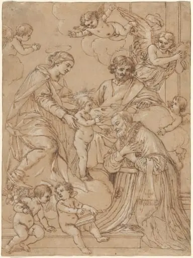 The Holy Family with Saint Philip Neri in Adoration, an Angel, and Putti, by Giacinto Gimignani