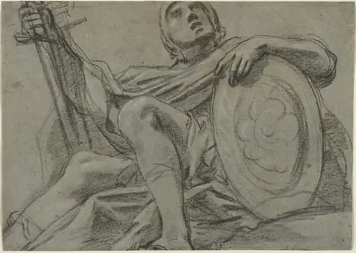 Seated Warrior Holding a Sword and Shield [recto], by Giacomo Cavedone