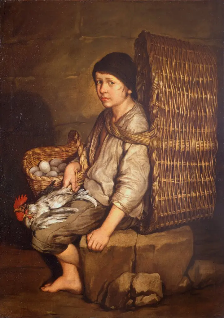 Errand Boy Seated with a Basket on His Back, Eggs and Poultry, by Giacomo Ceruti