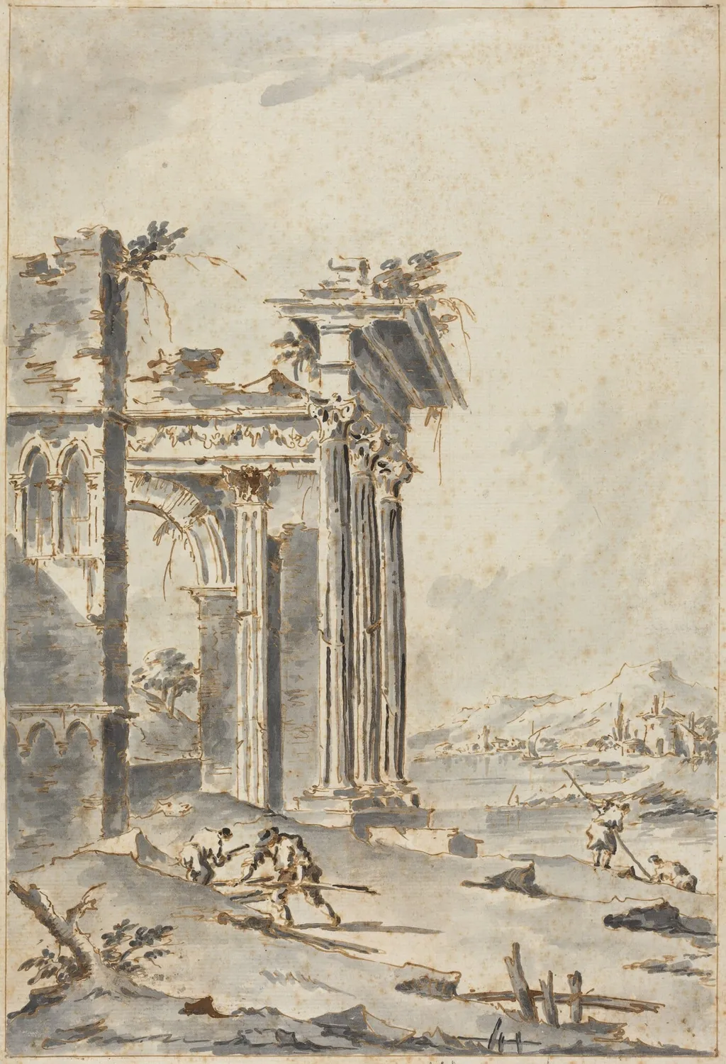Capriccio of Classical Ruins on a Shore, by Giacomo Guardi, ink, 1800