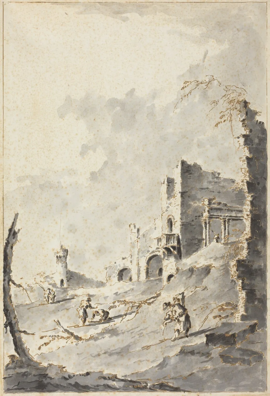 Capriccio of Classical Ruins with a Fortress, by Giacomo Guardi, ink, 1800